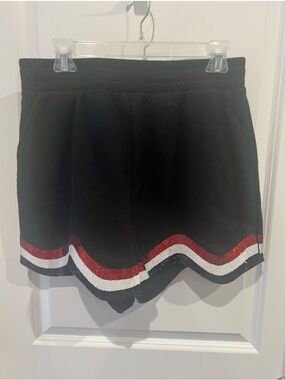 QUEEN OF SPARKLES Black Shorts with Red & White Sequin Hem